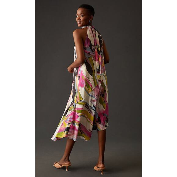 Anthropologie Silk Halter Midi Watercolor cocktail Dress Small boho witchy - Picture 1 of 5